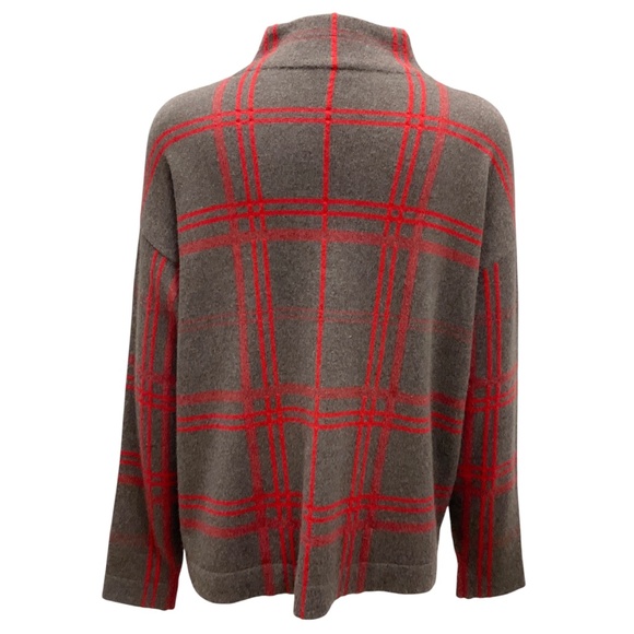 AKRIS BROWN / RED PLAID CASHMERE KNIT SWEATER - Picture 3 of 6